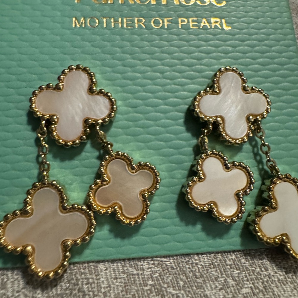 Gold and Cream Clover Drop Earrings